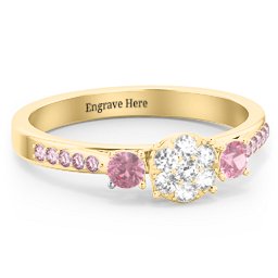 Trinity Cluster Ring with Birthstones and Accents in 18K Gold Plated Silver with White Premium Zirconia, Pink Tourmaline, and Fancy Pink Premium Zirconia