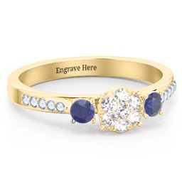 Trinity Cluster Ring with Birthstones and Accents in 18K Gold Plated Silver with White Premium Zirconia, Blue Sapphire, and Fancy Blue Premium Zirconia