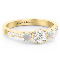 Trinity Cluster Ring with Birthstones and Accents in 18K Gold Plated Silver with White Premium Zirconia and Opal