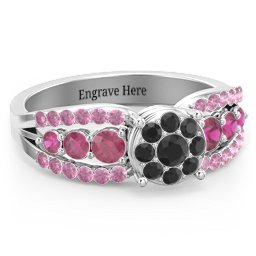 Andromeda Round Cluster Ring in 925 Sterling Silver with Black Premium Zirconia, Ruby, and Red Premium Zirconia