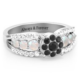 Andromeda Round Cluster Ring in 925 Sterling Silver with Black Premium Zirconia, Opal, and White Premium Zirconia