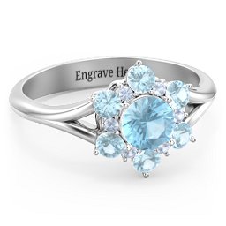 Aurora Round Cluster Ring with Birthstones in 925 Sterling Silver with Blue Topaz and Fancy Blue Premium Zirconia
