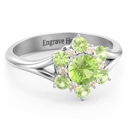 Aurora Round Cluster Ring with Birthstones in 925 Sterling Silver with Peridot and Fancy Yellow Premium Zirconia