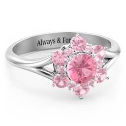 Aurora Round Cluster Ring with Birthstones in 925 Sterling Silver with Pink Tourmaline and Fancy Pink Premium Zirconia
