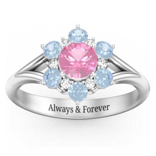 Aurora Round Cluster Ring with Birthstones – Sterling Silver with Pink Tourmaline, Blue Topaz, and White Premium Zirconia
