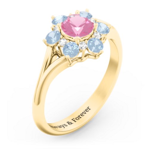 Aurora Round Cluster Ring with Birthstones – 9kt Yellow Gold with Pink Tourmaline, Blue Topaz, and White Premium Zirconia