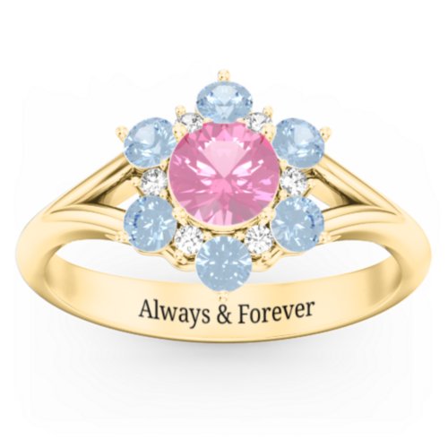 Aurora Round Cluster Ring with Birthstones – 9kt Yellow Gold with Pink Tourmaline, Blue Topaz, and White Premium Zirconia