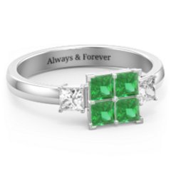 Diana Princess Cut Cluster Ring with Birthstones – Sterling Silver with Emerald and Cubic Zirconia
