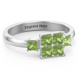 Diana Princess Cut Cluster Ring with Birthstones in 925 Sterling Silver with Peridot