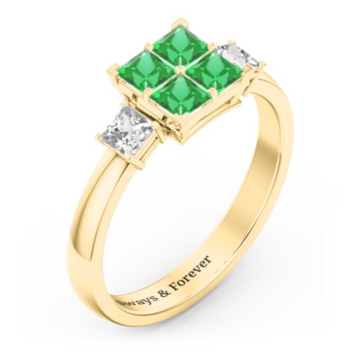Diana Princess Cut Cluster Ring with Birthstones – 9kt Yellow Gold with Emerald and Cubic Zirconia