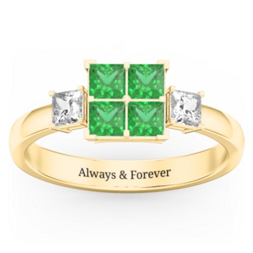 Diana Princess Cut Cluster Ring with Birthstones – 9kt Yellow Gold with Emerald and Cubic Zirconia