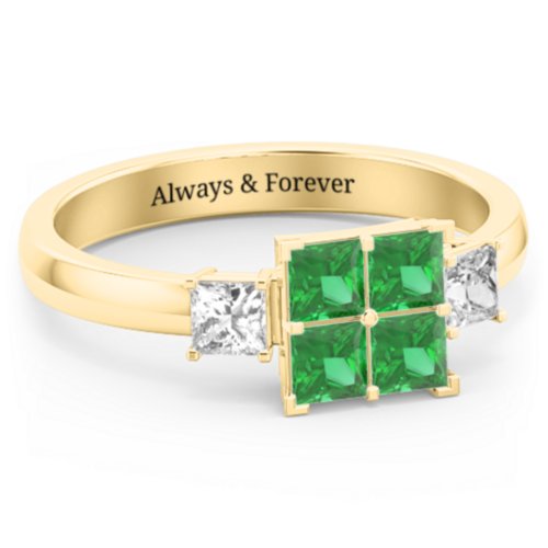 Diana Princess Cut Cluster Ring with Birthstones – 9kt Yellow Gold with Emerald and Cubic Zirconia
