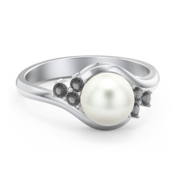7mm Freshwater Pearl Wave Ring with Accents in 925 Sterling Silver with Freshwater Pearl and Black Premium Zirconia
