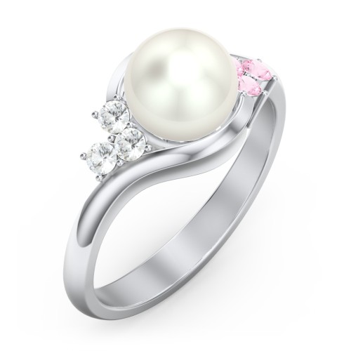 7mm Freshwater Pearl Wave Ring with Accents – Sterling Silver with Cubic Zirconia, Pink Tourmaline, and Freshwater Pearl