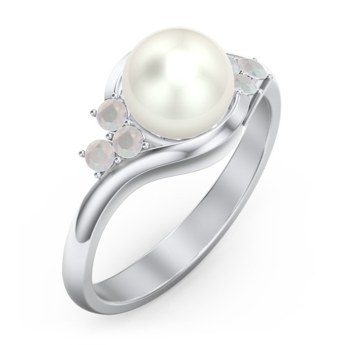 7mm Freshwater Pearl Wave Ring with Accents – Sterling Silver with Freshwater Pearl and Opal