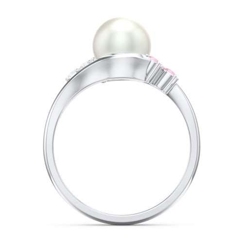 7mm Freshwater Pearl Wave Ring with Accents – Sterling Silver with Cubic Zirconia, Pink Tourmaline, and Freshwater Pearl