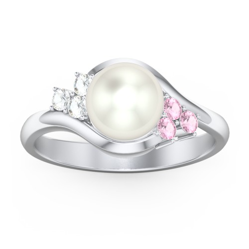 7mm Freshwater Pearl Wave Ring with Accents – Sterling Silver with Cubic Zirconia, Pink Tourmaline, and Freshwater Pearl
