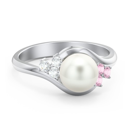 7mm Freshwater Pearl Wave Ring with Accents – Sterling Silver with Cubic Zirconia, Pink Tourmaline, and Freshwater Pearl