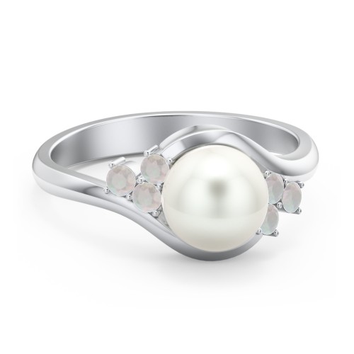 7mm Freshwater Pearl Wave Ring with Accents – Sterling Silver with Freshwater Pearl and Opal