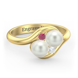 Twin 5mm Freshwater Pearl Ring with Accents in 9K Solid Yellow Gold with Freshwater Pearl, Ruby, and Cubic Zirconia