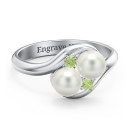 Twin 5mm Freshwater Pearl Ring with Accents in 925 Sterling Silver with Peridot and Freshwater Pearl