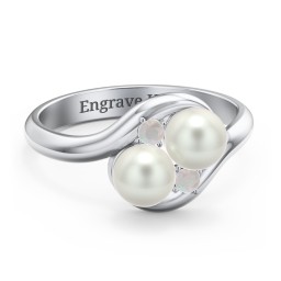 Twin 5mm Freshwater Pearl Ring with Accents in 925 Sterling Silver with Freshwater Pearl and Opal
