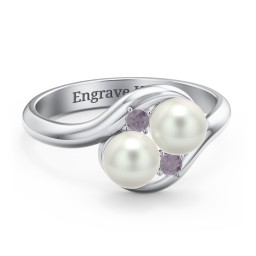 Twin 5mm Freshwater Pearl Ring with Accents in 925 Sterling Silver with Alexandrite and Freshwater Pearl