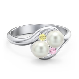 Twin 5mm Freshwater Pearl Ring with Accents in 925 Sterling Silver with Freshwater Pearl, Citrine, and Pink Tourmaline