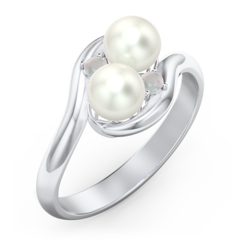 Twin 5mm Freshwater Pearl Ring with Accents – Sterling Silver with Freshwater Pearl and Opal