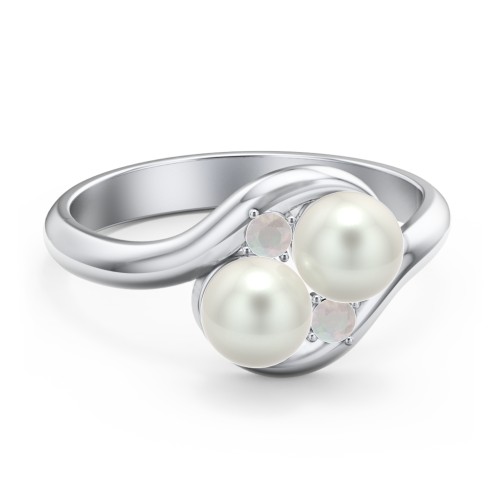 Twin 5mm Freshwater Pearl Ring with Accents – Sterling Silver with Freshwater Pearl and Opal