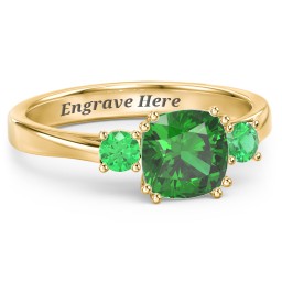 3 Stone Cushion Cut Duchess Ring in 18K Gold Plated Silver with Green Premium Zirconia and Emerald