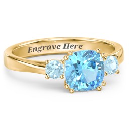 3 Stone Cushion Cut Duchess Ring in 18K Gold Plated Silver with Blue Topaz