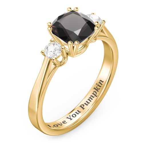 3 Stone Cushion Cut Duchess Ring – 18K Gold Plated Silver with Smokey Quartz and Cubic Zirconia