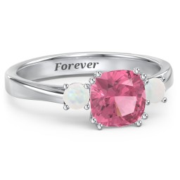 3 Stone Cushion Cut Duchess Ring in 925 Sterling Silver with Pink Tourmaline and Opal