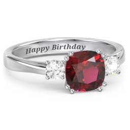 3 Stone Cushion Cut Duchess Ring in 925 Sterling Silver with Red Premium Zirconia and Cubic Zirconia