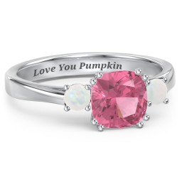 3 Stone Cushion Cut Duchess Ring in 925 Sterling Silver with Pink Tourmaline and Opal