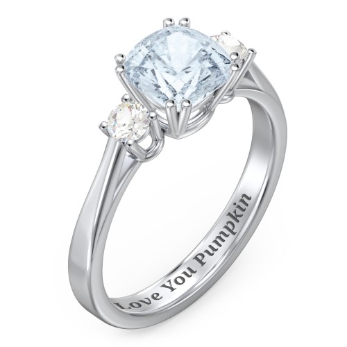3 Stone Cushion Cut Duchess Ring – Sterling Silver with Aquamarine and Cubic Zirconia