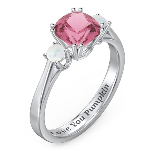 3 Stone Cushion Cut Duchess Ring – Sterling Silver with Pink Tourmaline and Opal