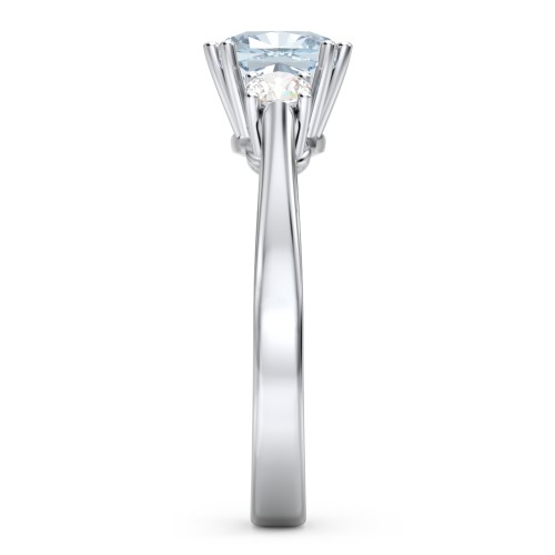 3 Stone Cushion Cut Duchess Ring – Sterling Silver with Aquamarine and Cubic Zirconia