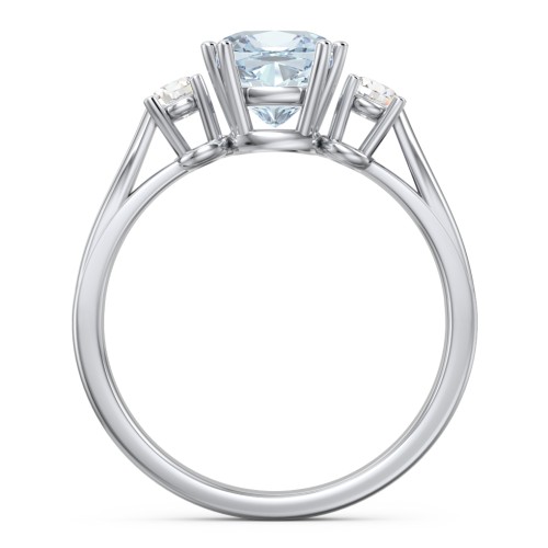 3 Stone Cushion Cut Duchess Ring – Sterling Silver with Aquamarine and Cubic Zirconia