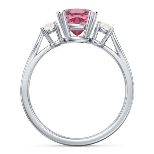 3 Stone Cushion Cut Duchess Ring – Sterling Silver with Pink Tourmaline and Opal