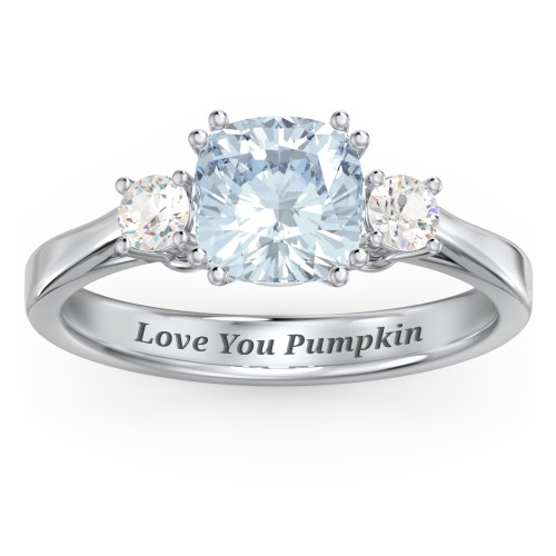 3 Stone Cushion Cut Duchess Ring – Sterling Silver with Aquamarine and Cubic Zirconia