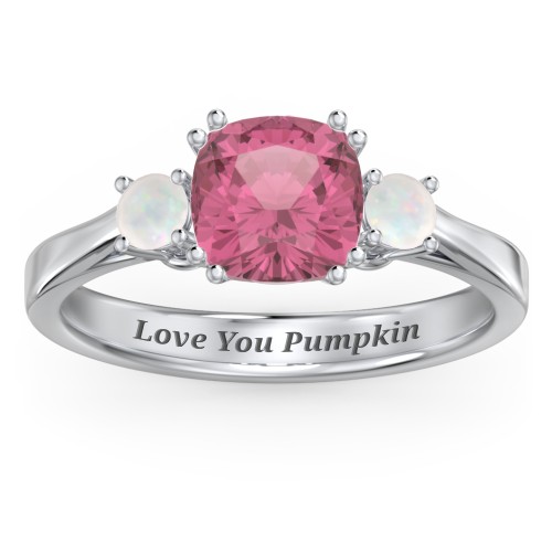 3 Stone Cushion Cut Duchess Ring – Sterling Silver with Pink Tourmaline and Opal