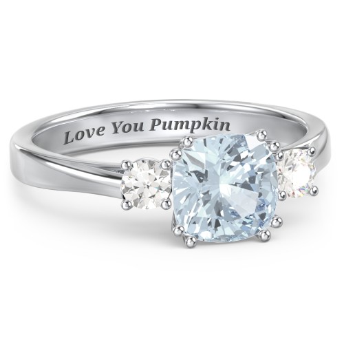 3 Stone Cushion Cut Duchess Ring – Sterling Silver with Aquamarine and Cubic Zirconia
