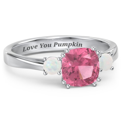 3 Stone Cushion Cut Duchess Ring – Sterling Silver with Pink Tourmaline and Opal