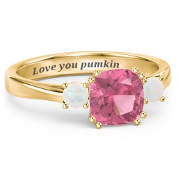3 Stone Cushion Cut Duchess Ring in 9K Solid Yellow Gold with Pink Tourmaline and Opal