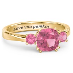 3 Stone Cushion Cut Duchess Ring in 9K Solid Yellow Gold with Pink Tourmaline
