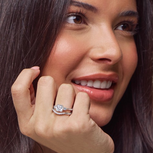 3 Stone Cushion Cut Duchess Ring – 9kt Yellow Gold with White Premium Zirconia and Cubic Zirconia