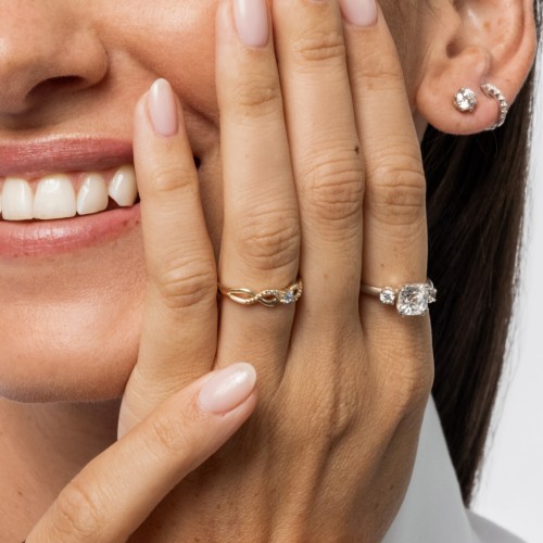 3 Stone Cushion Cut Duchess Ring – 9kt Yellow Gold with White Premium Zirconia and Cubic Zirconia