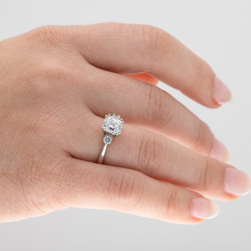3 Stone Cushion Cut Duchess Ring – 9kt Yellow Gold with White Premium Zirconia and Cubic Zirconia